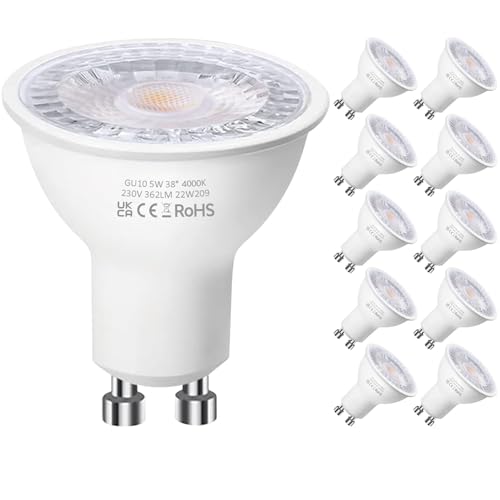 Image of Levidon GU10 LED Bulbs, Nature White 4000K, 5W LED GU10 Spotlight Bulb, 50W Halogen Bulb Equivalent, 362LM 220-240V 38 Degree Narrow Beam Angle Non-dimmable - Pack of 10