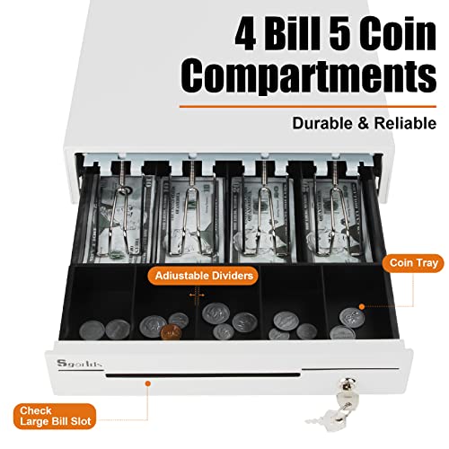 Sgorlds 14" White Cash Register Drawer For Pos Machine With 4 Bill 5 Coin Fully Removable Cash Drawer Tray Coin Compartment,12-24V,Rj11/Rj12 Compatible,Key Lock #TOP5
