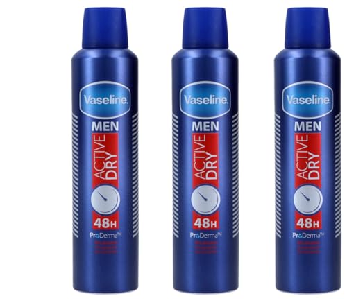 3x Vaseline MEN Active Dry ProDerma 48h Deodorant Spray ohne Alkohol, XXL 250ml (3er Pack)