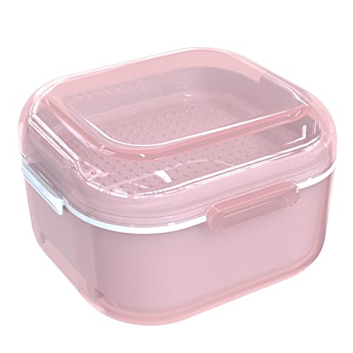 ARGOMAX Denture Case, Denture Cup for Soaking Dentures, Thorough Cleaning of Dentures, Retainer, Clear Braces (Pink Clear Case + White Filter and Tray).