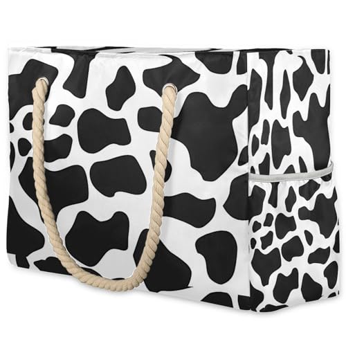 Cow Print Skin Large Beach Bags for Women with Zipper Beach Tote Bag Waterproof Sandproof Gym Swim Pool Grocery Travel Bag
