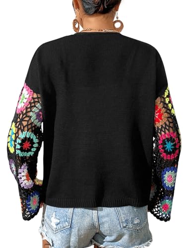 COZYEASE Women's Floral Crochet Long Sleeve Drop Shoulder Open Front Cardigan Sweater2