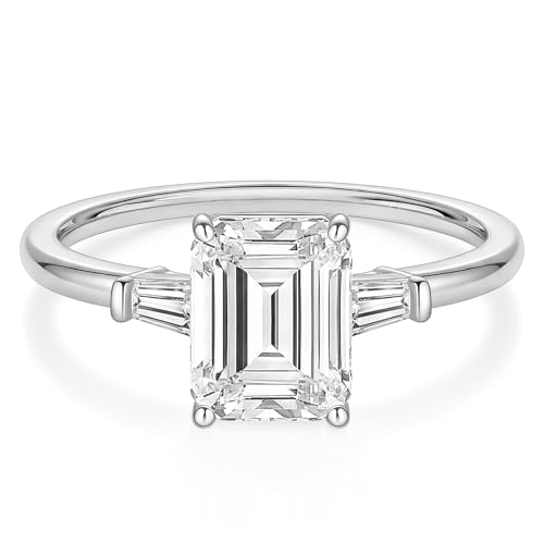 EAMTI 3CT Engagement Rings for Women 3-Stone Emerald Cut CZ Promise Wedding Bands Travel Silver Ring White Gold Plated Size 7