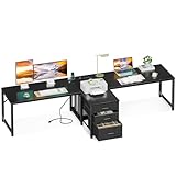 Coleshome 94' Computer Desk with Fabric Drawers & File Cabinet- 2 Person Home Office Desks with Power Outlet & LED Light, Long Writing Desk with Monitor Stand, Storage Shelves, Study/Work Table, Black