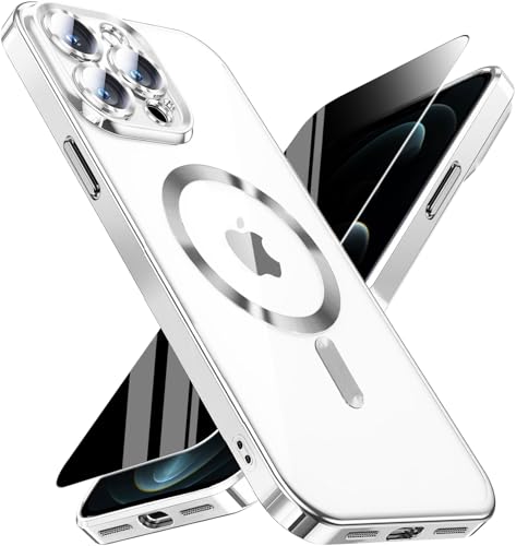 Image of Magnetic for iPhone 12 Pro Max Case with Privacy Screen Protector & Full Camera Cover,[Non-Yellowing] Plating Glossy Soft Shockproof Phone Case Compatible with magsafe Women Girls for 12 ProMax,Sliver