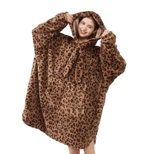 Image of Softan Blanket Hoodie, Oversized Wearable Blanket for Adult Women and Men Gifts, Super Cozy Warm and Soft Hooded Blanket Sweatshirt, Brown Cheetah Print Faux Fur Blanket Sweatshirt with Large Pocket