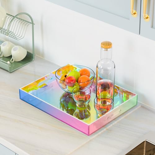 NiHome Iridescent Acrylic Serving Tray 16"x12" for Organizing, Decorative Vanity Tray Organizer with Handles & Silicone Pads,Large Ottoman Tray for Coffee Table,Bathroom,Living Room & Kitchen Tabletop by NiHome - Image 3