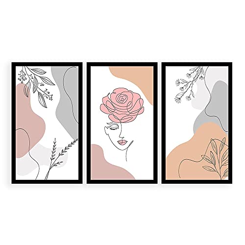 Kit 3 Quadros Decorativos Grandes com MOLDURA Minimalista Moderno Linhas Rosto com Flor