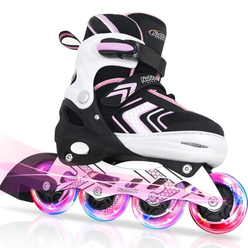 Nattork Verstellbare Inline Skates für Mädchen, 4 Größen Kinder Inline Roller Skates mit Beleuchteten, Kinder Inliner Mädchen Rollschuhe für Anfänger (Rosa, 32-36 EU / 205-230 MM)
