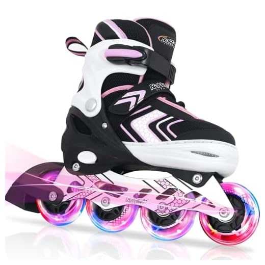 Nattork Verstellbare Inline Skates für Mädchen, 4 Größen Kinder Inline Roller Skates mit Beleuchteten, Kinder Inliner Mädchen Rollschuhe für Anfänger (Rosa, 32-36 EU / 205-230 MM)