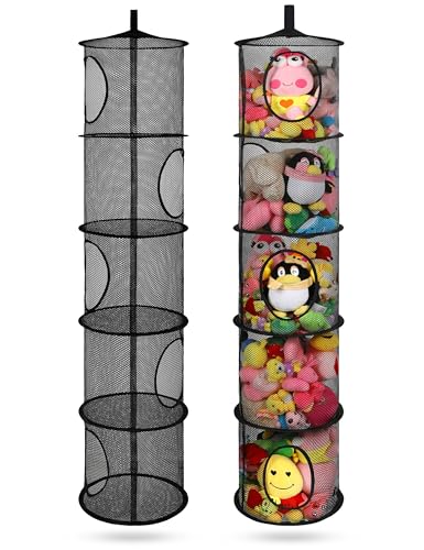 2Pcs Stuffed Animal Storage Foldable Stuffed Animal Net or Hammock Organizer, 5 Compartments Hanging Mesh Toy Storage Hammock for Kid Room Toys, Gloves, Hats, Socks, Black