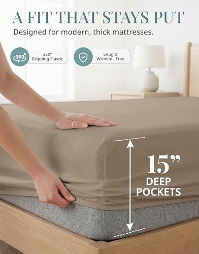 Image of LANE LINEN 100% Cotton Sheets Twin Size - 450 Thread Count Sateen Weave for Smooth Feel On Skin - Extra Soft & Breathable Twin Sheet Set for Single Beds - Fits Mattresses Upto 15'' Deep - Taupe