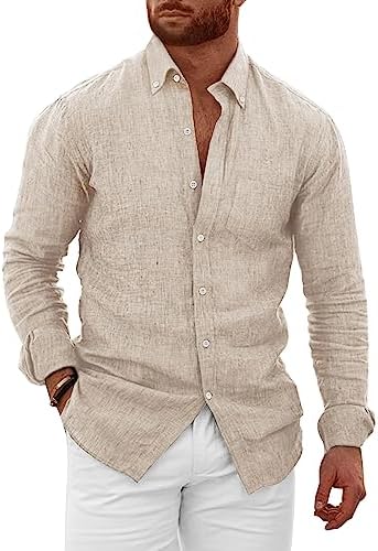 AstoSeu Mens Linen Shirt Long Sleeve Vacation Casual Button Down Beach Shirts Khaki XL