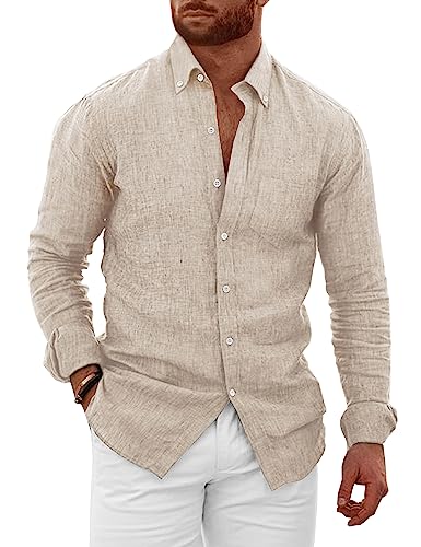 Astoseu Mens Linen Shirt Long Sleeve Vacation Casual Button Down Beach Shirts Khaki Xl #TOP9