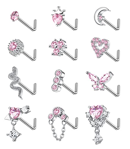 Morfetto 12Pcs 20G Nose Rings for Women Dangle Nose Ring Studs Stainless Steel L Shaped Nose Studs Heart Snake Butterfly CZ Dangling Nose Piercing Jewelry Pink