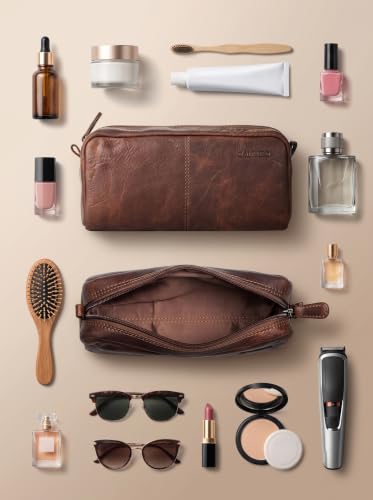 Image of Calfnero Genuine Leather Toiletry Bag for Men & Women | Premium Leather Travel-Pouch | Toiletry Organizer | Cosmetic & Shaving Kit Bag | Unisex Travel Dopp Kit (Kara)