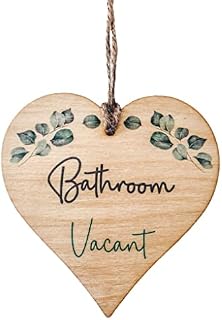 Engaged Vacant Double Sided Bathroom Door Sign - Made From Wood - Eucalyptus Design - Heart Shape