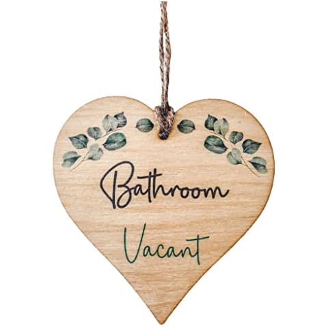 Engaged Vacant Double Sided Bathroom Door Sign - Made From Wood - Eucalyptus Design - Heart Shape Cover