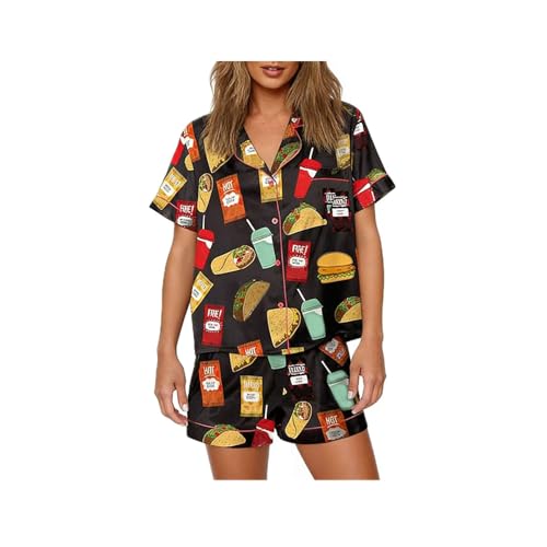 LadiesPajama Set, 2-Piece Casual Outfit, Short-Sleeved Top and Shorts, Soft Pajamas, Suitable for Both Men and Women Black