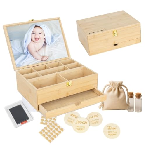 Image of Baby Keepsake Box with 5 Additional Memory Items – Bamboo Memory Box for Baby Girls & Boys – Handprint Kit, Milestone Discs, Photo Corners, Glass Vials, Burlap Bag