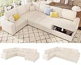 VanAcc 130' Sofa Bed, Sectional Sleeper Sofa with Pull Out Bed, Sleeper Couch with Storage, 6 Seater Couch for Living Room, Corduroy Off-White