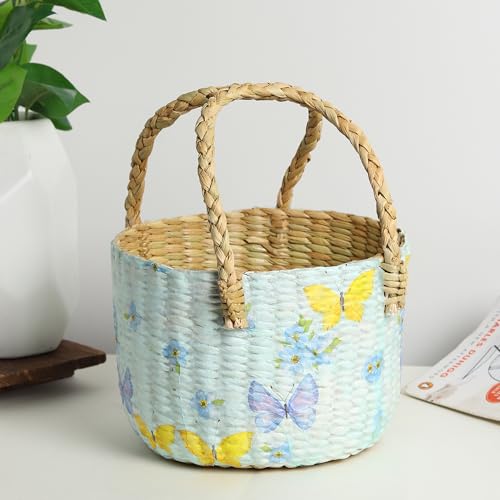 Image of Habere India-All the Cultures Fabricating India Handmade Gift Hamper Baskets | Cane Round Hamper | Fruit Baskets | Bamboo Organiser Basket | Jute Round Storage Basket - Blue (Design14 - D21xH29 cm)