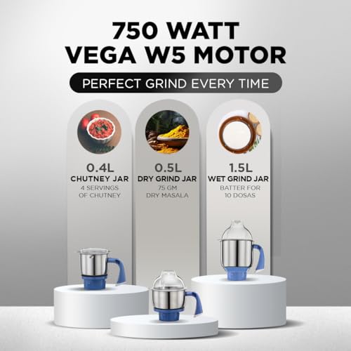 Preethi Diamond 750 Watt Mixer Grinder | 3 Jars & Flexi lid | 2yr Guarantee & Lifelong Free Service | FBT Motor I Powerful Grinding & Blending | Perfect for Smoothies & More I White Color | view 2