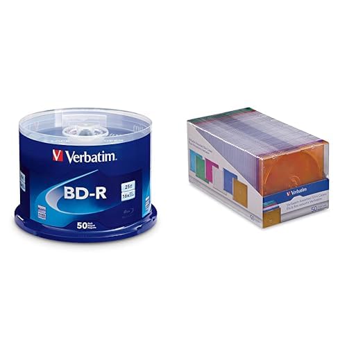Image of Verbatim BD-R 25GB 16X 50 Discs Spindle + 50 Slim Storage Cases Assorted Colors - Data & Music Recording Bundle
