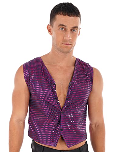 Mens Hipster V-Neck Full Sequins Paillette Waistcoat Stylish V-neck Shiny Dress Party Vests3