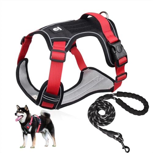 【柴犬に強力推薦】 XINIDEA 頑丈で耐久性に 犬用ハーネスセット、背面に名前タグを貼り付け可能，小型犬、中型犬、大型犬、超大型犬用、1.5mリード付き、ノーストレス窒息防止、調整可能なオックスフォード素材のアウトドア犬用ベスト、ダブルDリング、夜間反射デザイン。（黑赤 M）