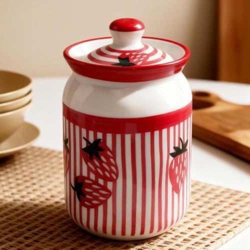 Image of Strawberry Printed Ceramic Handglazed Pickle Jars Set of 1-1000 ML Each | 1 kg Achaar Martban Barni Jar with Lid | Ceramic Storage Jar Container Pickle, Chatney