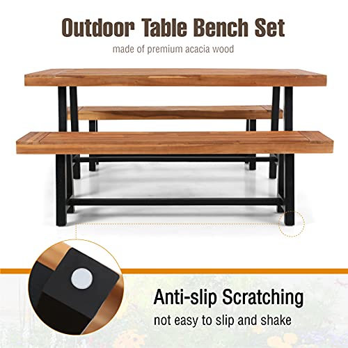 Mfstudio 3 Pieces Outdoor Patio Dining Set,Acacia Wood Table Bench Furniture Set With 1 Rectangular Picnic Wooden Table And 2 Benches For Backyard, Garden, Lawn-Teak Color #TOP5