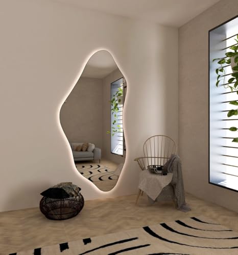 KT WALL ART Asymmetrical Bathroom LED Mirror, Modern Irregular Shape Wall Mirror with LED Lights, Frameless Aesthetic Backlit LED Illimunated Vanity Mirror (20" x 10" inc) - Image 2