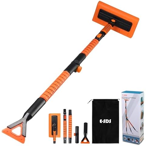E-SDS 60” Snow Broom Ice Scraper Bendable Snow Remover for Cars with 12.2” Foam Head, Extendable Snow Brush for Car, Truck, SUV Cover