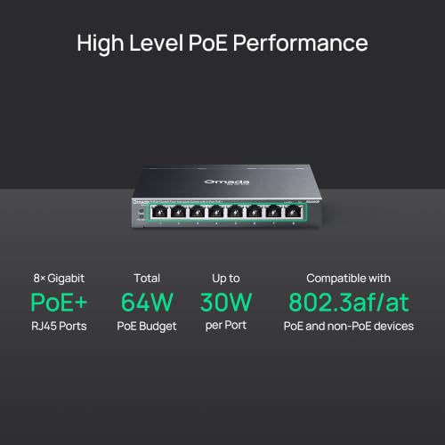 Image of TP-Link Omada 8 Port Gigabit Easy Managed PoE Switch, 65W Budget, PoE+ Compliant, Up to 250m Distance, Auto Recovery, VLAN, Loop Prevention, Fanless (ES208GP)