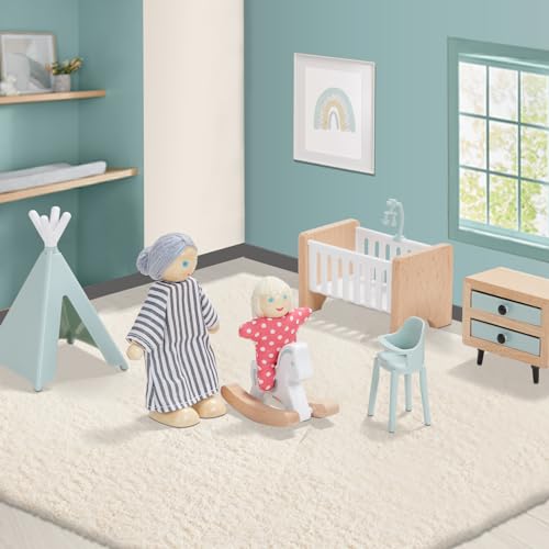 Giant Bean GA20006 36Pcs Wooden Dollhouse Furniture Set With 4 Family Dolls Wood And Plastic, 5 Rooms Blue Dollhouse Accessories Pretend Play Furniture Toys For Boys Girls & Toddlers 3Y+ thumb #3