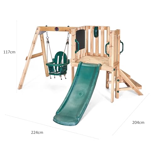 Plum Kids Outdoor Junior Activity Centre Swing and Slide Garden Play Set for Climbing - with Phone, Chalkboard, 4ft Slide, Baby Swing Seat - Children 12 Months Plus