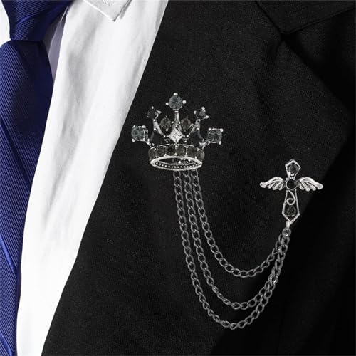 Image of coadipress Crown With Hanging Chain Brooch for Women Men Elegant Gentlemen Gold Silver Crystal Crown Lapel Pin Vintage Rhinestone Wedding Brooch Suit Shirt Pin Accessories