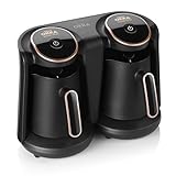 Arzum OKKA Minio Duo Türkische Kaffeemaschine, 1-8 Tassen Fassungsvermögen, waschbare Kaffeekanne, Akustisches Alarmsystem, kompakte Bauweise, 880W Leistung, schwarz/kupfer