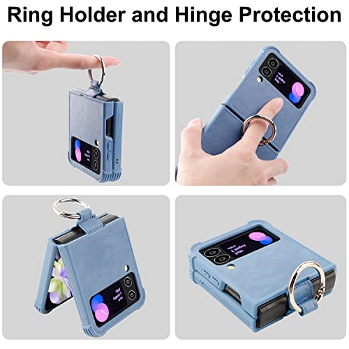 Monasay Phone Case For Galaxy Z Flip 4,[Screen Protector Included] Leather Cell Phone Cover With Ring For Samsung Galaxy Z Flip 4 5G, Light Blue #TOP3