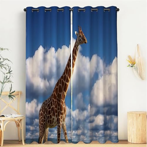 Rideau bleu girafe occultant à oeillets isolant thermique chambre - 2