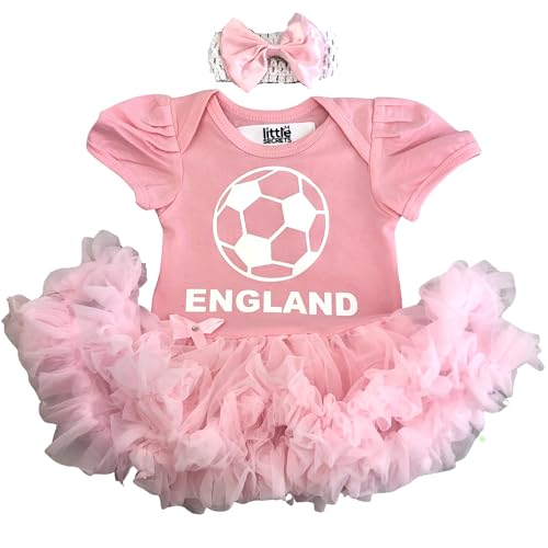Image of Baby Girls England Football Pink Tutu Romper with Headband, Newborn Baby Football Kit (0-3 Months)