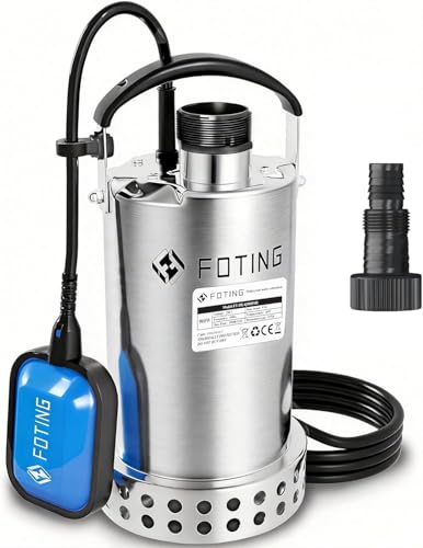 FOTING Bomba de agua Sumergible 900W, capacidad de 13.000 l/h, Altura máxima de suministro 9 m, inmersión máx. 7 m, interruptor de flotador, nivel mín. 10 mm, para piscinas y estanques