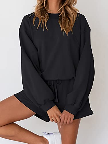 Image of MEROKEETY Women's 2023 Fall Oversized Batwing Sleeve Lounge Sets Casual Top and Shorts 2 Piece Outfits Sweatsuit