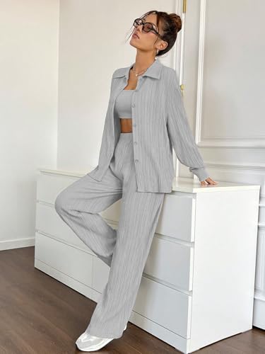 Image of Shasmi Women's 3-Piece Co-ord Set - Solid Button Front Shirt, Strapless Tube Top & Wide Leg Pants | Casual Loose Fit Western Outfit for Daily Spring /Fall Wear (Co-Ord-208)