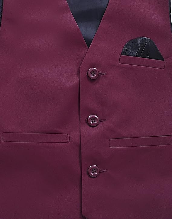 Qitty Boys Formal Waistcoat with Pocket Square and Brooch Pin, 3-Button Front 2