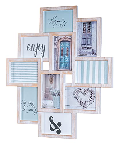 levandeo Fotocollage Bilderrahmen 55x50 mit Glasscheiben für 10 Fotos 10x15cm Weiß Gold Kupfer Gewischt Shabby Antik Look Fotogalerie Fotorahmen Bilderrahmen Collage