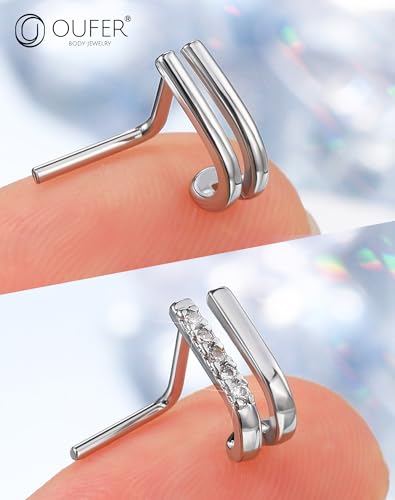 OUFER 2PCS 20G Nose Studs for Women and Men, L-Shaped Stainless Steel Nose Rings with Clear CZ, Double Rows or Cross Design, Nostril Piercing Jewelry4