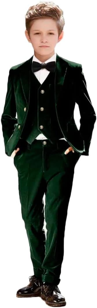 3 PC Velvet Suit for Boys Notch Lapel Blazer Vest Pants Boys Formal Suit Wedding Tuxedos Boys Party Suit