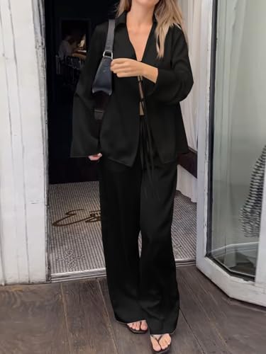 Womens Sexy Silk Satin 2 Piece Outfits Tie Front Long Sleeve Shirts and Pants Lounge Pajamas Sets Going Out Matching Set2